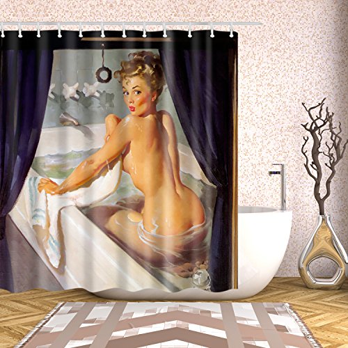 Fangkun Shower Curtain Sexy Pretty Girl Bathing Design - Vintage Retro Pin Up Girls Bathroom Curtains Art Painting Decor Set - 12Pcs Shower Hooks - 72 X 72 Inches #TOP3