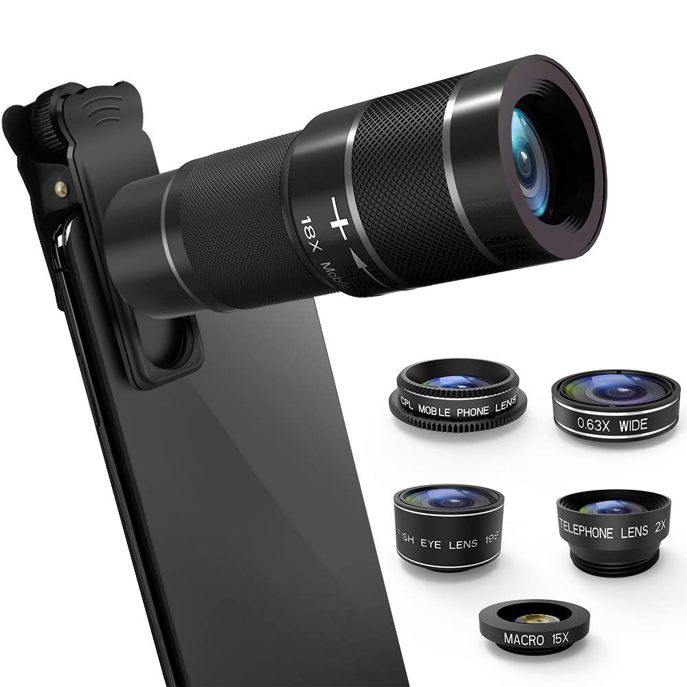 Phone Camera Lens Kit, 6 in 1 Cell Phone Camera Lens with 18X Zoom Telephoto Lens/Fisheye/Wide Angle& Macro Lens(Screwed Together)/Telephone Lens/CPL, Compatible iPhone, Samsung & More