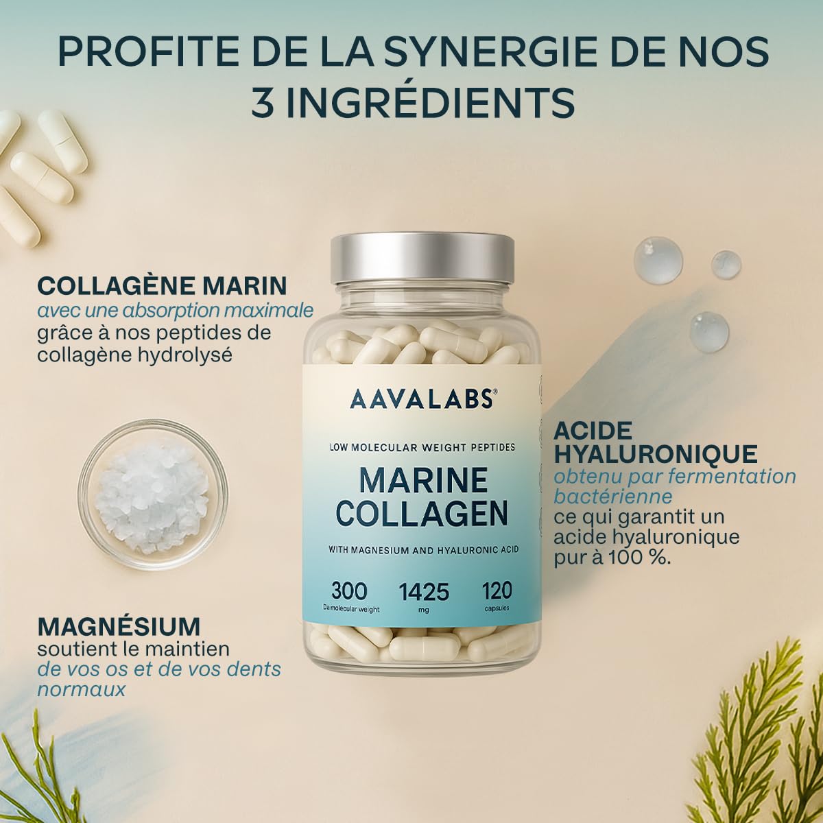 Collagene Marin Acide Hyaluronique et Magnesium | 1452 mg - Complement Alimentaire Peau Collagene et Acide Hyaluronique Pur au Peptide de Collagene - Collagène Marin Hydrolysé sans OGM - 120 Gélules