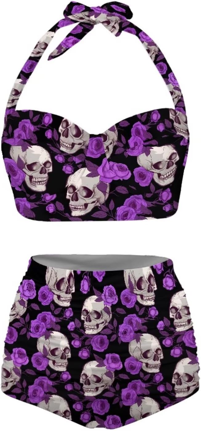 Cute Cartoon Animals Print Women's Halter Bikini Set, Trendy 2 Piece Tummy Control High-Waisted Bathing Suits