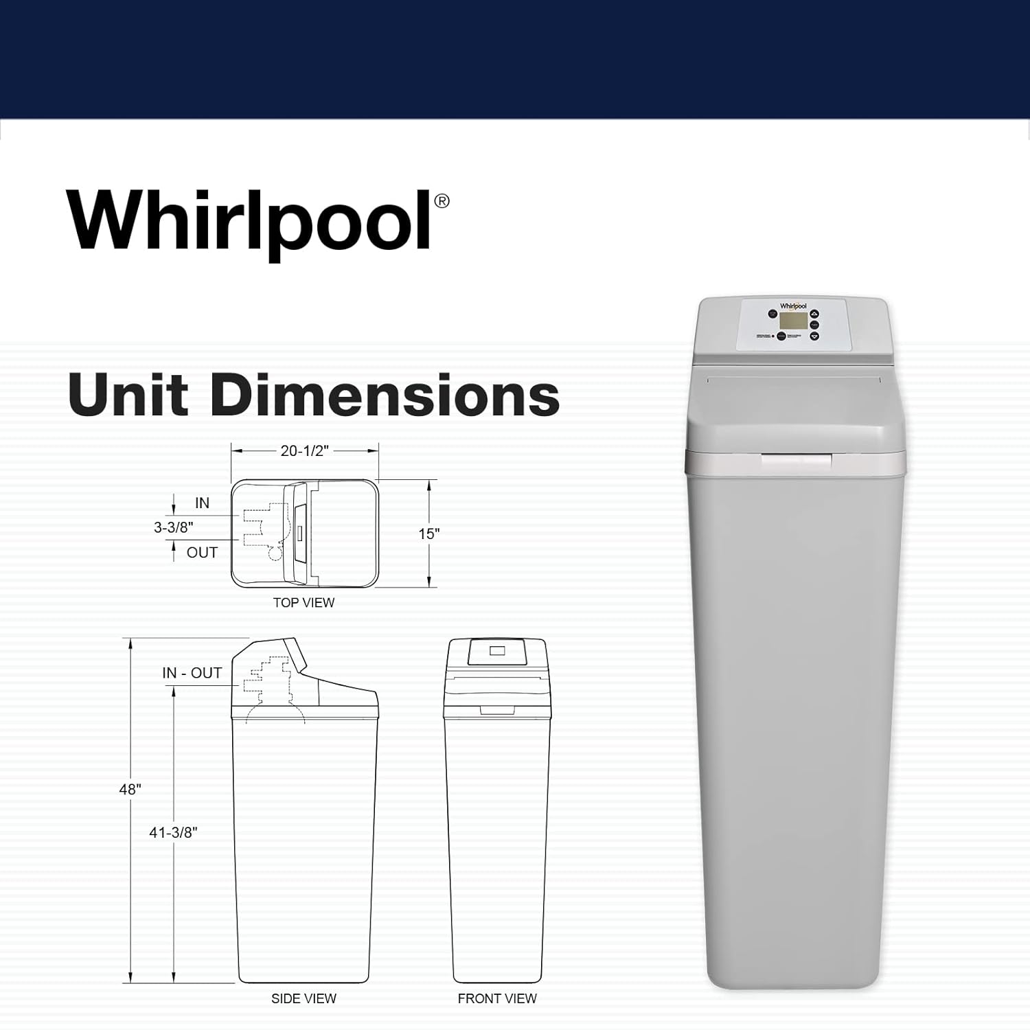 Diagram showing the unit dimensions of the Whirlpool WHES30E water softener
