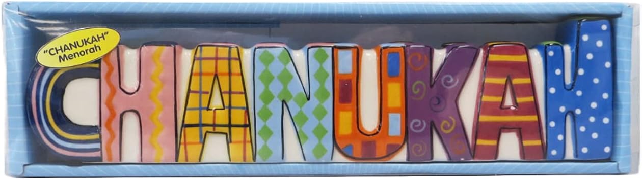 Rite Lite Chanukah Multicolor Menorah - Hand Painted Ceramic Colorful Menorah Whimsical Designs Kids for Hanukkah Gifts Jewish Holiday Party Favors Festival of Lights