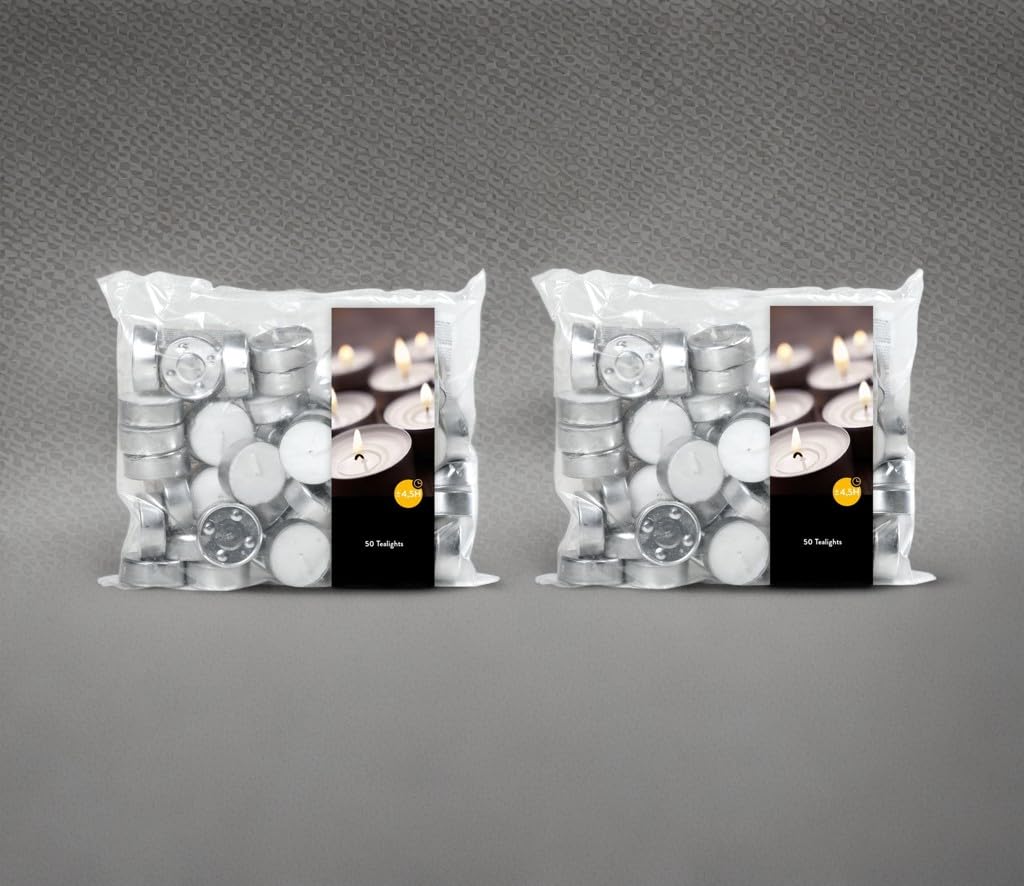 Velas de té (2 paquetes de 50 unidades, 2 bolsas de 100 velas de té), tiempo de combustión: 4,5 horas, sin hollín, para portavelas, vasos de velas, lámparas aromáticas, candelabros y portavelas –