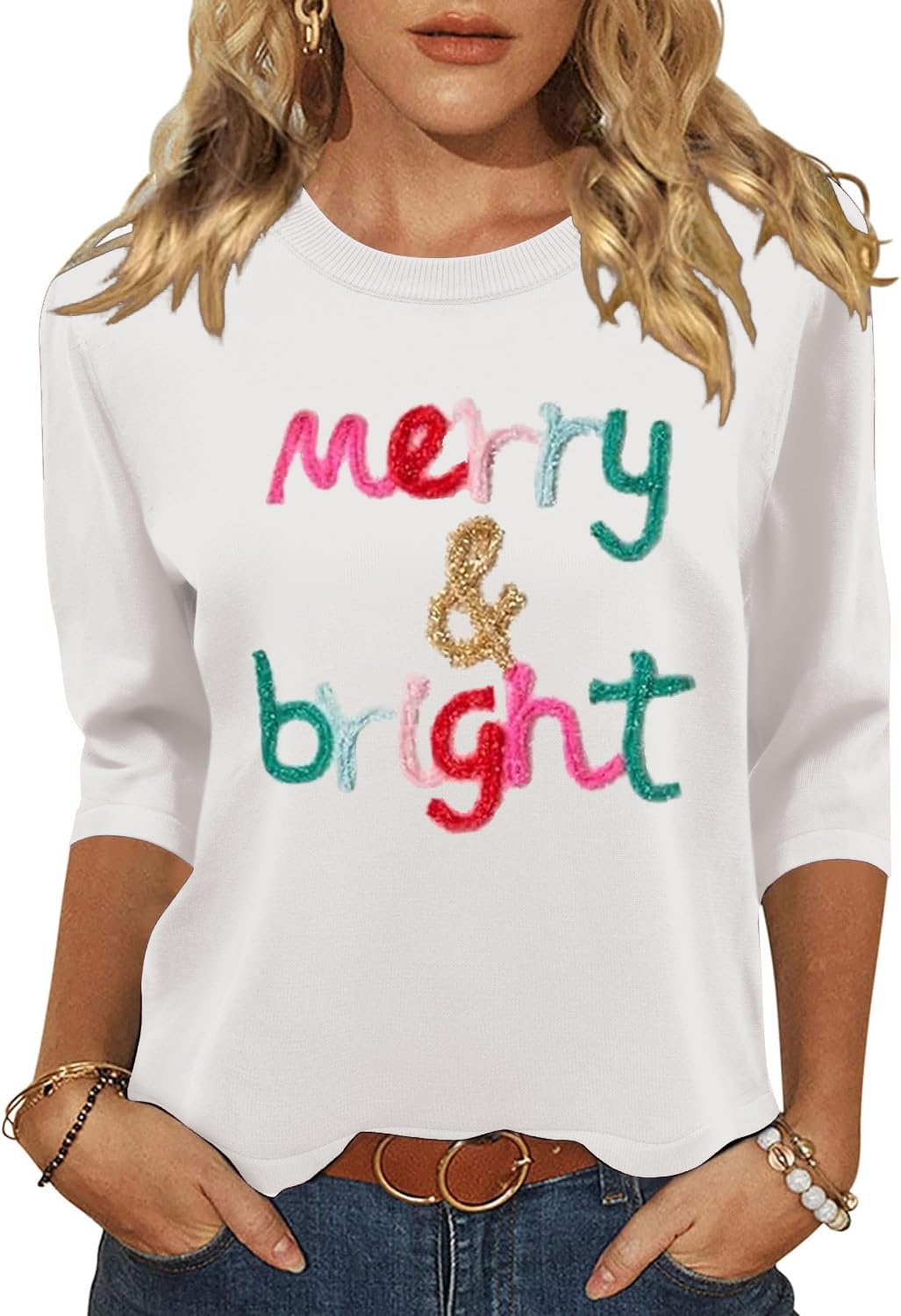 Womens 3 4 Sleeve Pullover Sweaters Crew Neck Cute Halloween Christmas Hearts Knitted Casual Sweater