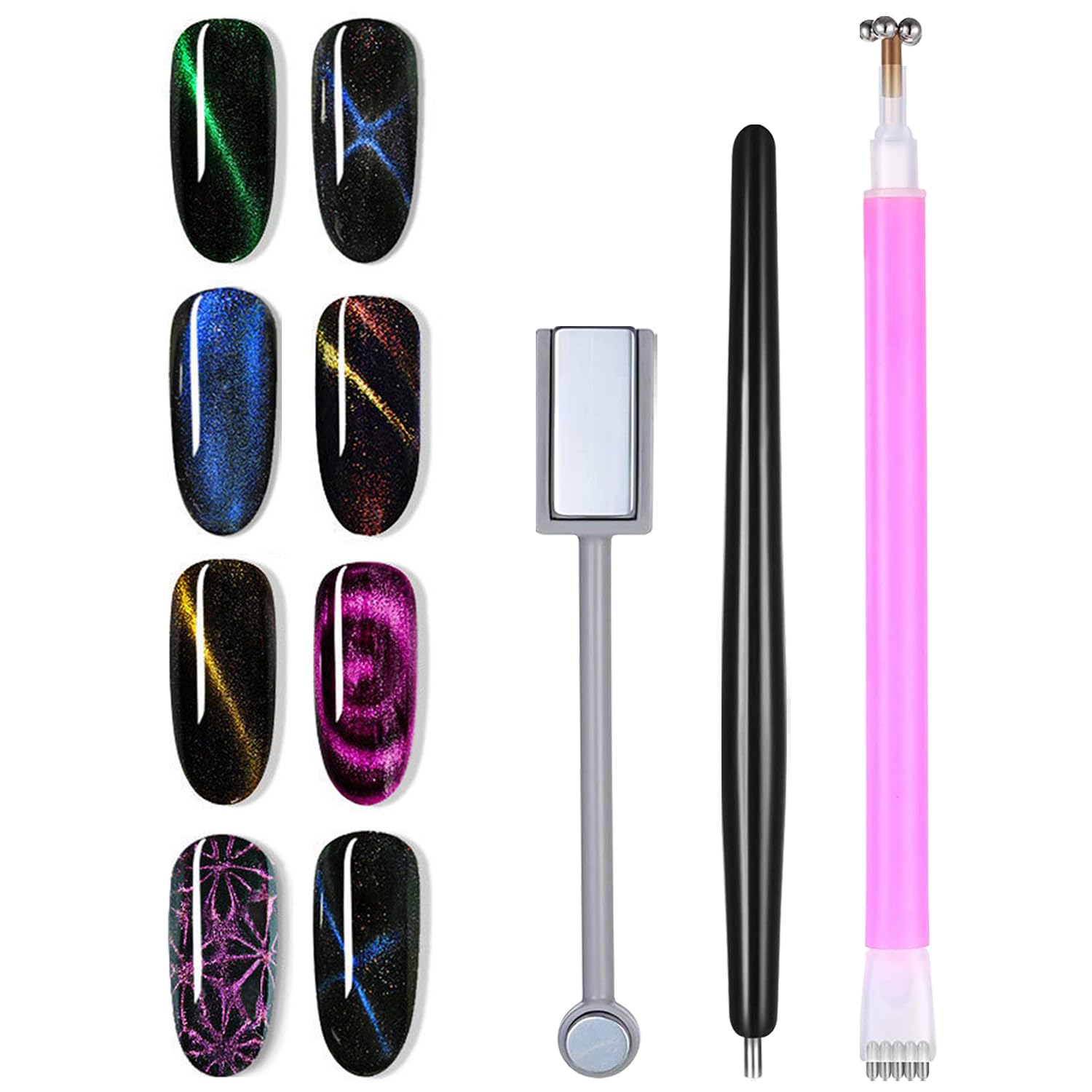 YECIRALA 3-Piece Nail Art Kit: Magnetic Gel Polish Pen Tools - Cat Eye, Dot, Flower Magnets - Easy to Use, Safe & Durable