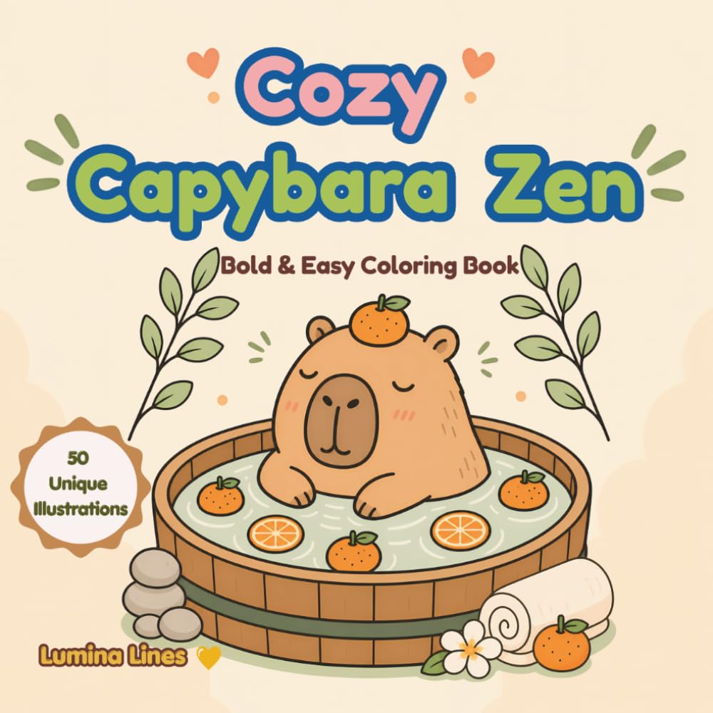 Cozy Capybara Zen: 50 Bold and Easy Capybara Coloring Pages for Adults and Kids with Simple Cozy Designs for Relaxing and Creative Fun