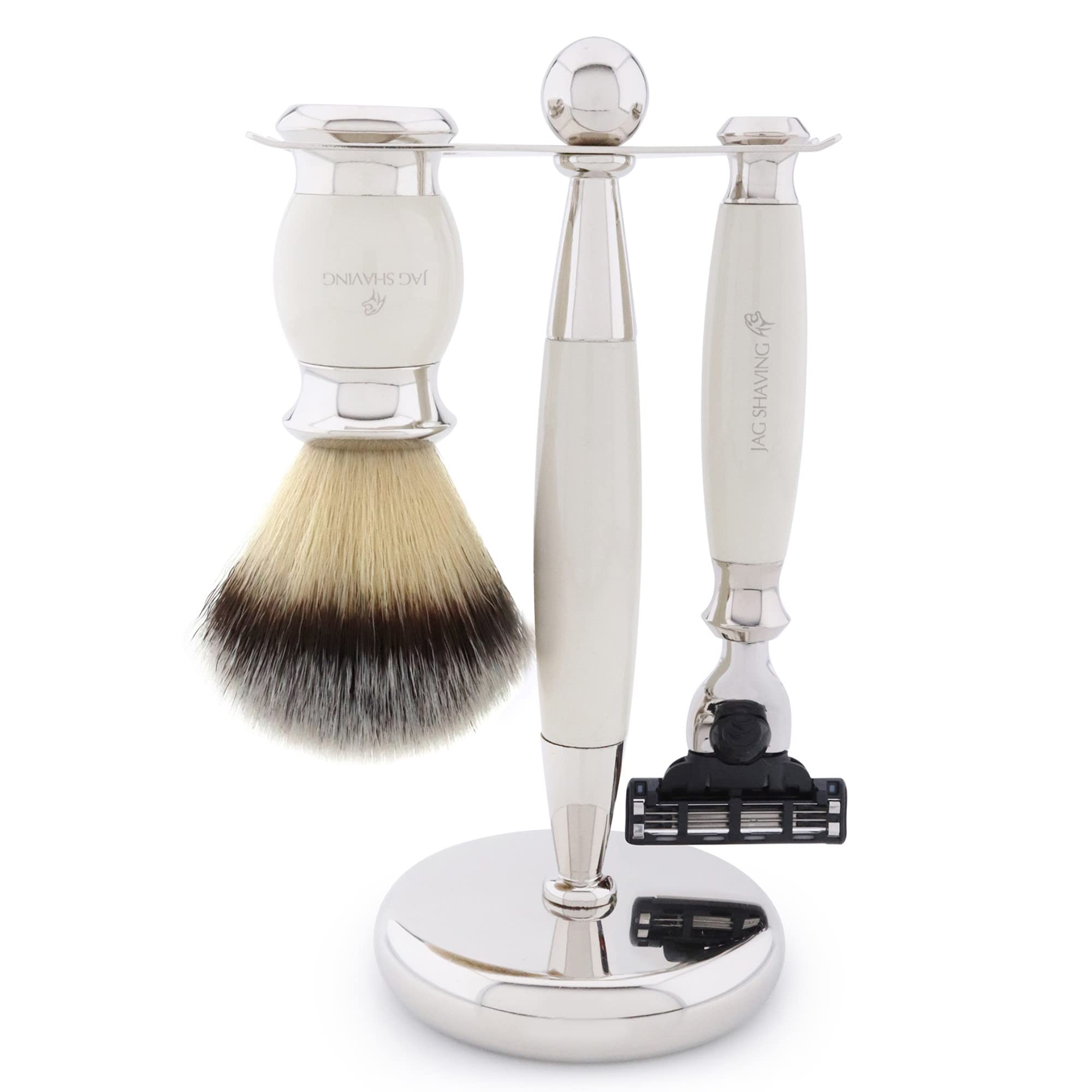 Jag Shaving Zestaw do golenia – 4-częściowy zestaw do golenia – JAG's LEE Range – syntetyczny pędzel do golenia z włosia srebrnego – 3 krawędzie ostrza do golenia – miseczka do golenia – stojak do golenia, zestaw upominkowy w kolorze kości słoniowej