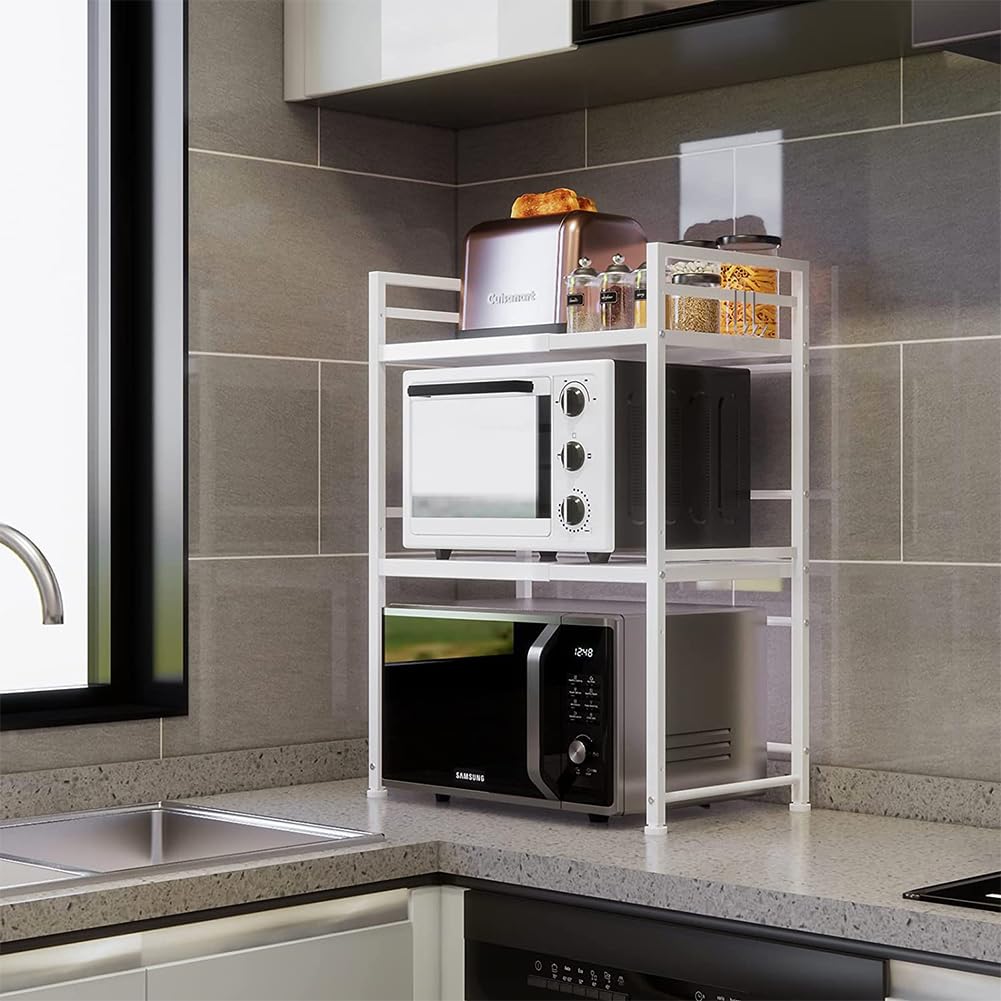 Shally Dogan Estante Extensible para microondas de Acero para Ahorrar Espacio, estantería Doble con 2 estantes para Especias, Mueble Organizador con Ganchos y Patas Antideslizantes, diseño Moderno
