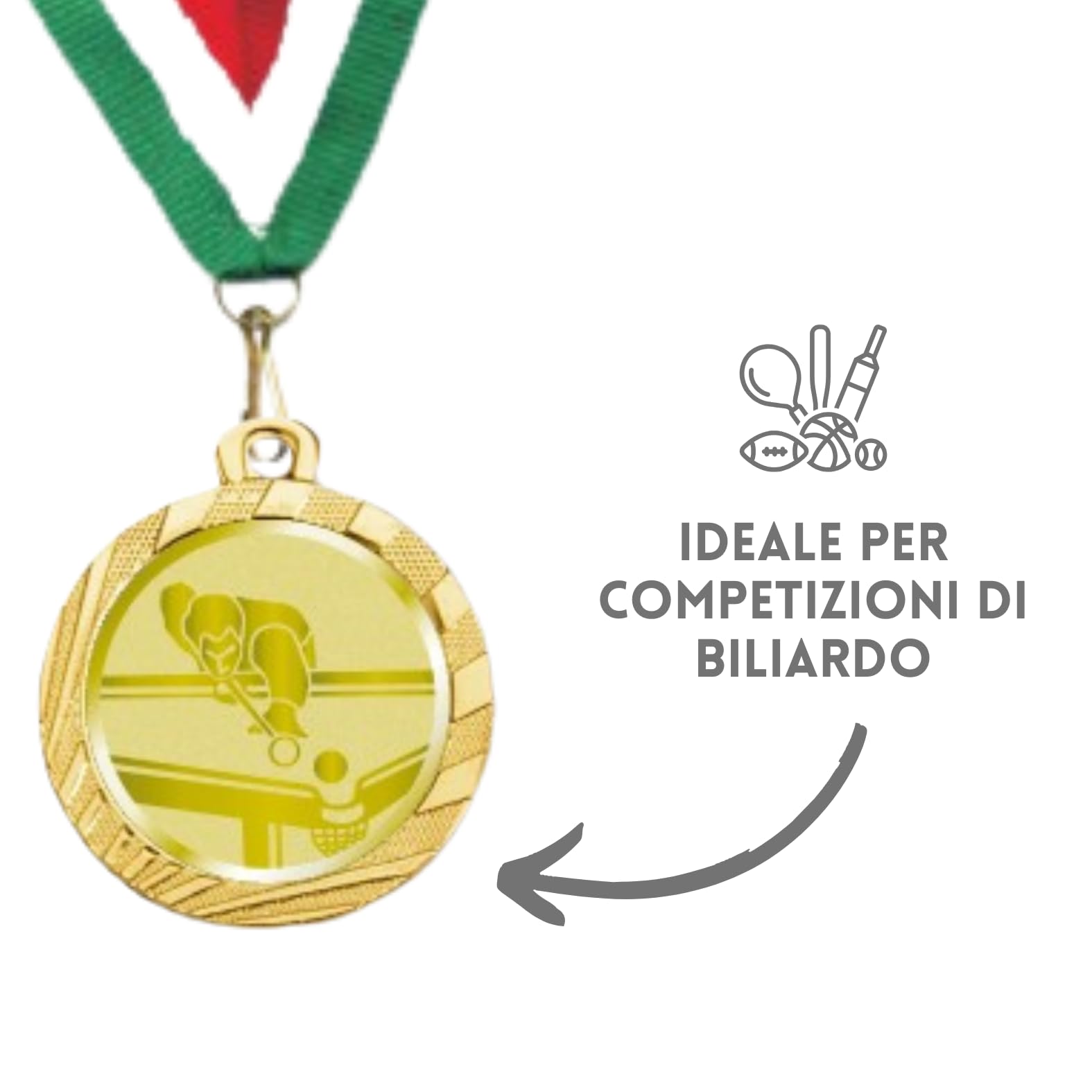 Stock Medaglie Personalizzate Premiazioni Biliardo da 3,2 cm con Laccetto Medaglia Personalizzabili in Metallo con Stampa Personalizzata, Sport | 23.00.32.R