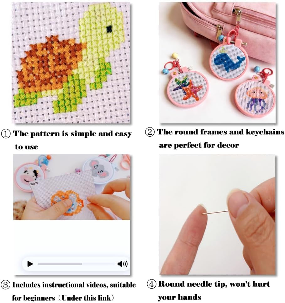 VIGEGU 8 Pack Cross Stitch Kits for Beginners,Marine Animals Stamped Cross Stitch Kits for Kids,Crafts for Girls 8-12 Embroidery Kit 11CT Cross Stitch Kit for Beginners with Frame
