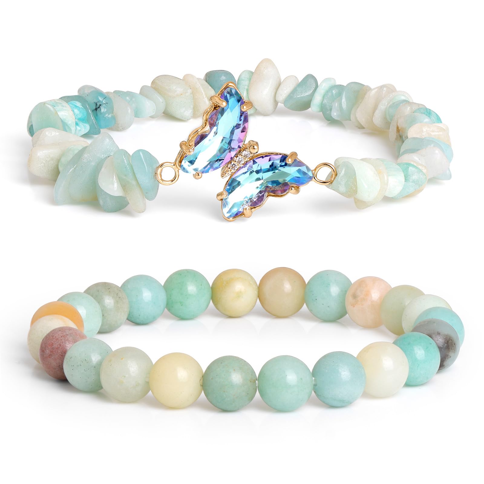 GolbalJew Amethyst Bracelet For Women Anxiety Amethyst Beaded Bracelets Butterfly Charms Healing Stone Layered Bracelet Gifts For Women