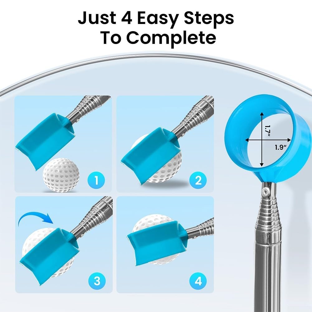 Récupérateur de balles de golf télescopique en acier inoxydable, longueur extensible de 2,7 m et 3,7 m, ramassage double face sécurisé, poignée antidérapante pour les dangers liés à l'eau (bleu 3,7 m)