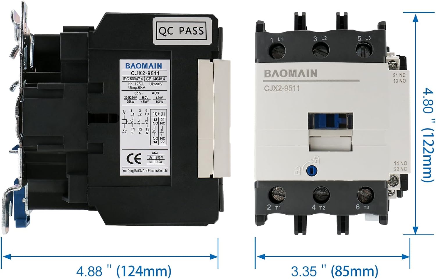 BAOMAIN CJX2-9511 AC Contactor 220V Coil 3-Phase 3-Pole Heavy Duty Motor Starter Switch 95A Ie 125A Ith 1NO+1NC Auxiliary Contacts for Industrial Electrical Circuit Control