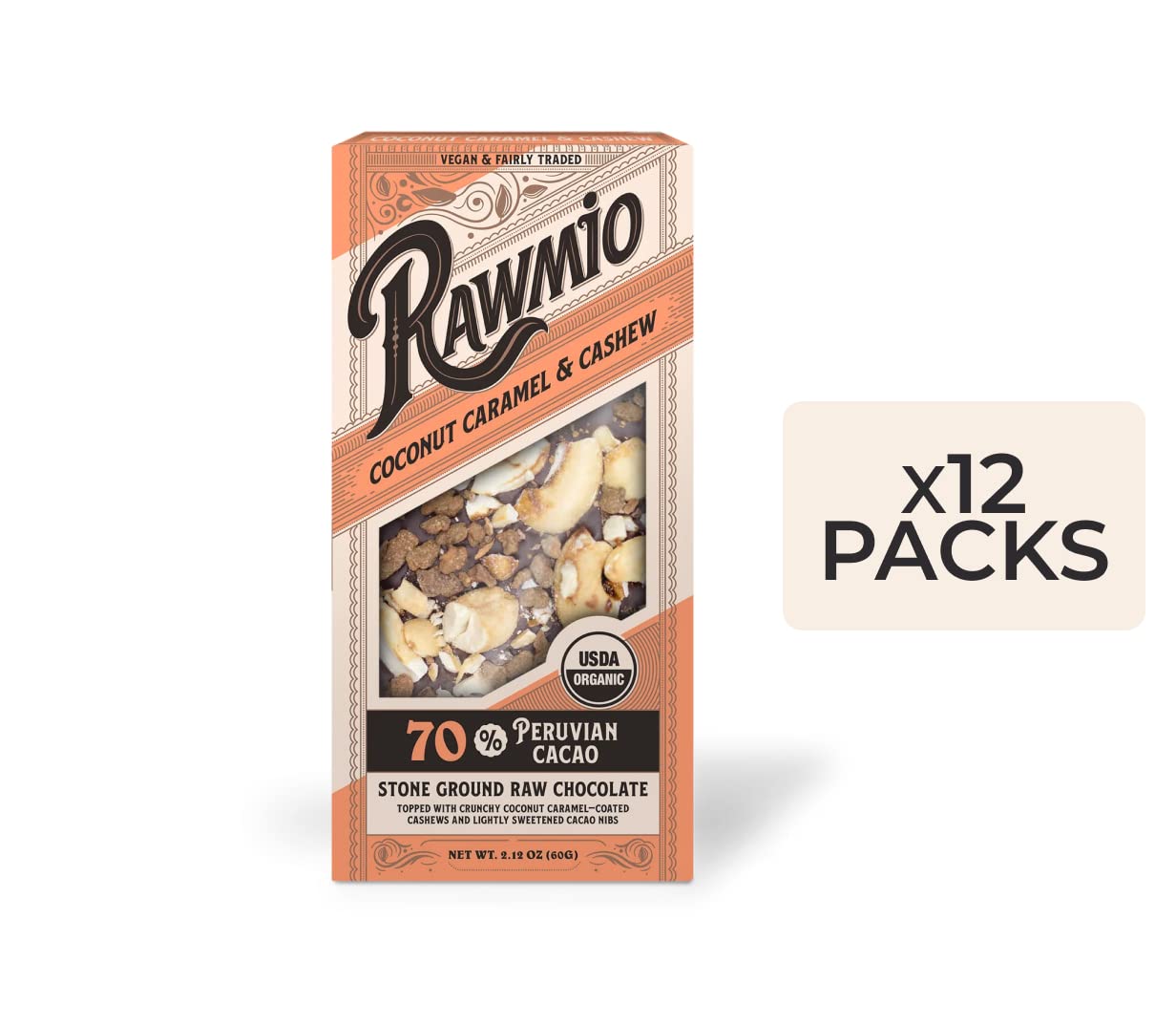 Rawmio Coconut Caramel & Crushed Cashew Bark - 2.12 oz. - Raw, Organic, Vegan, Kosher - Pack of 12