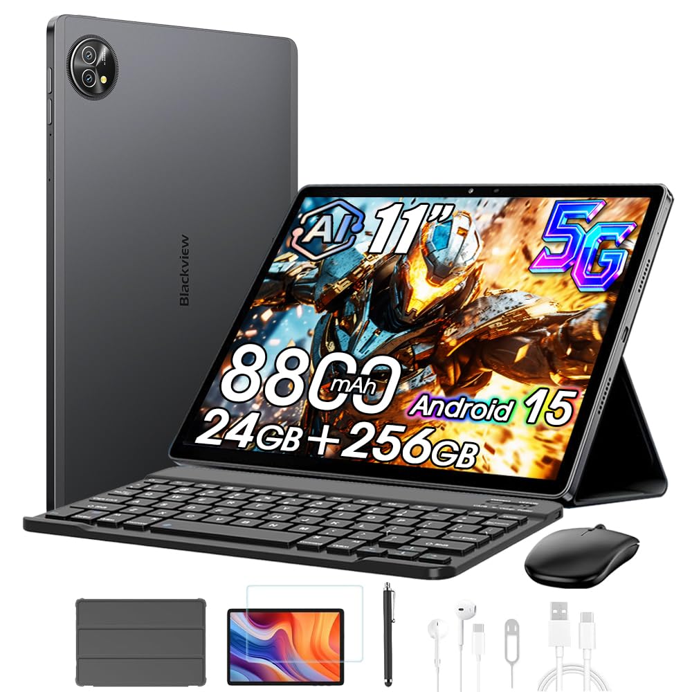 Blackview ZENO 10 5G Tablet con Teclado y Ratón,24GB+256GB/2TB TF Android 15, 2K FHD+ Gaming Tablet 11 Pulgadas,8800mAh,16MP+13MP, 4G LTE/5G WiFi/Modo PC/OTG/Widevine L1/Funda+lápiz Inteligente, Negro
