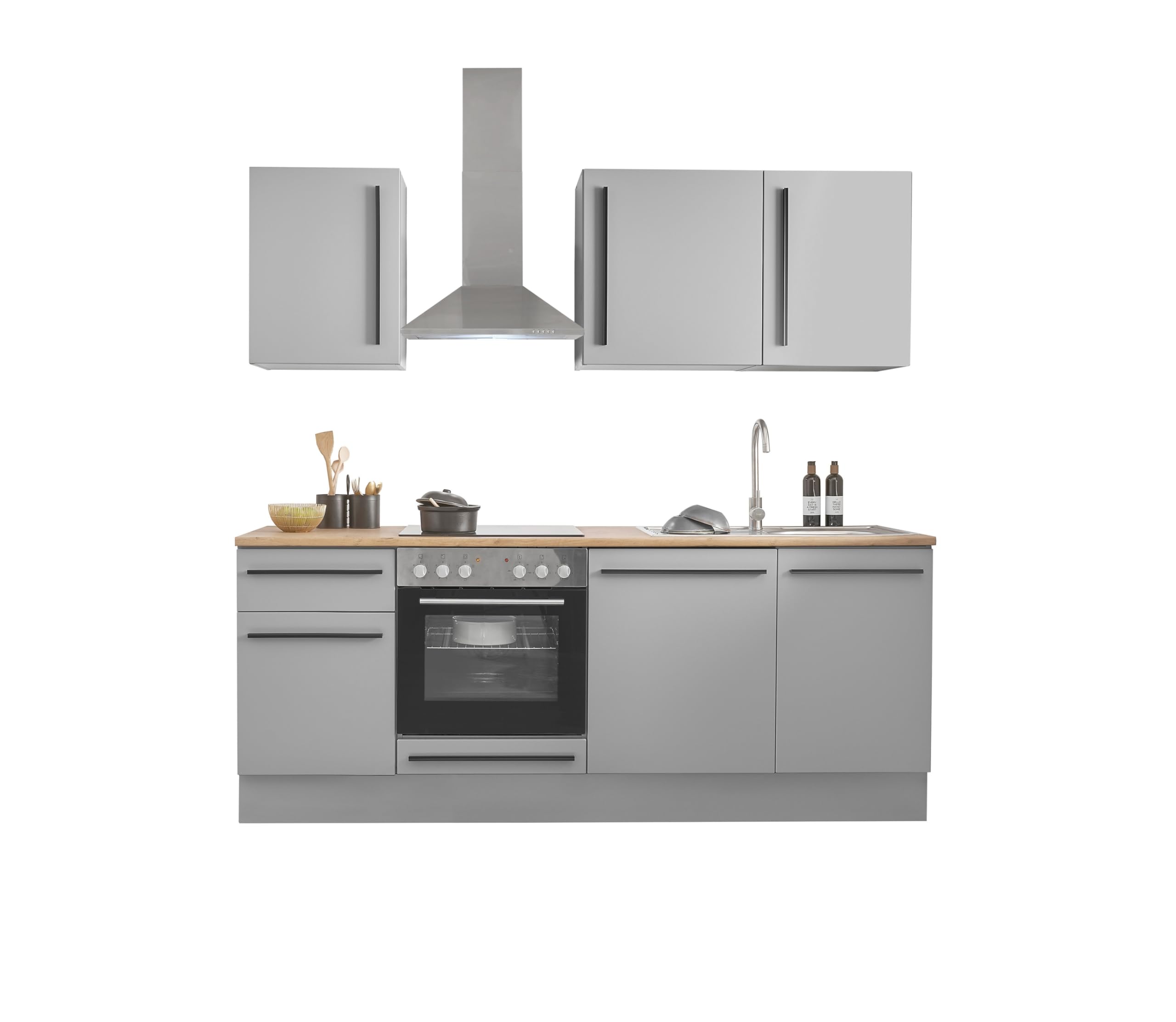 möbelando Küchenzeile Denver 220 cm – Moderne Kompaktküche mit Softclose, Arbeitsplatte Lancelot Eiche & Grau Matt Fronten – Ideal für kleine Wohnküchen