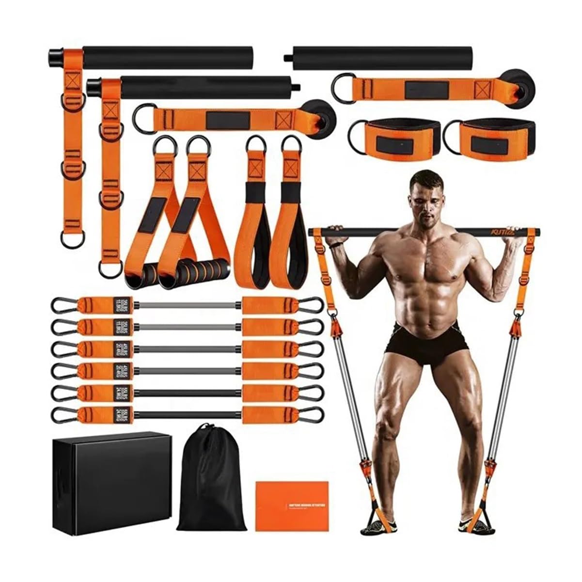 Pilates Stange mit Widerstandsbänder Fitness Set Zuhause | 20-200lbs einstellbar, 3-teilig tragbar, rutschfester Griff, Yoga Krafttraining, Damen Herren