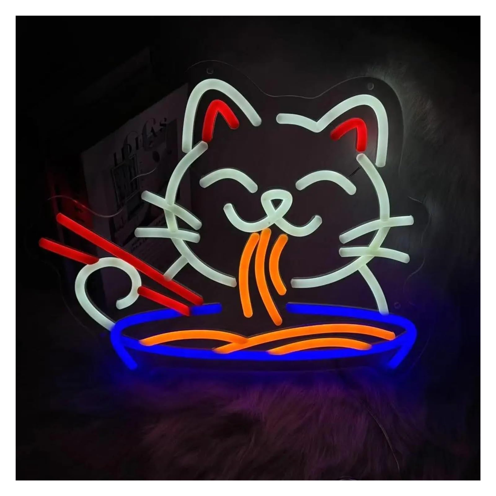 néon signe Enseigne Lumineuse Lucky Cat Ramen, Intensité Variable, USB, Pour Cuisine, Restaurant, Bar, Fête, 37cmx30.5cm