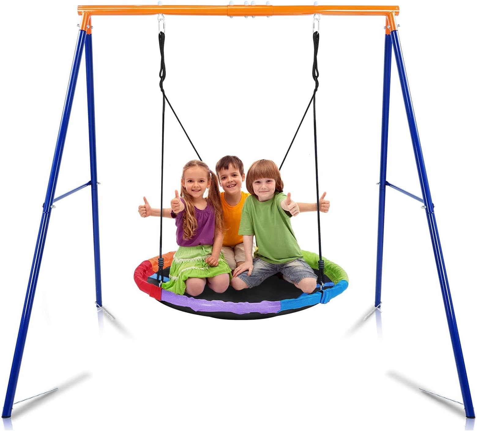 Lunafun Kiriner 440lbs Swing Sets for Backyard 45 Inch Saucer Swing Sets Outdoor Swing with Frame Heavy Duty A-Frame Metal Swing Stand & Adjustable Hanging Rope Strong UV Resistance