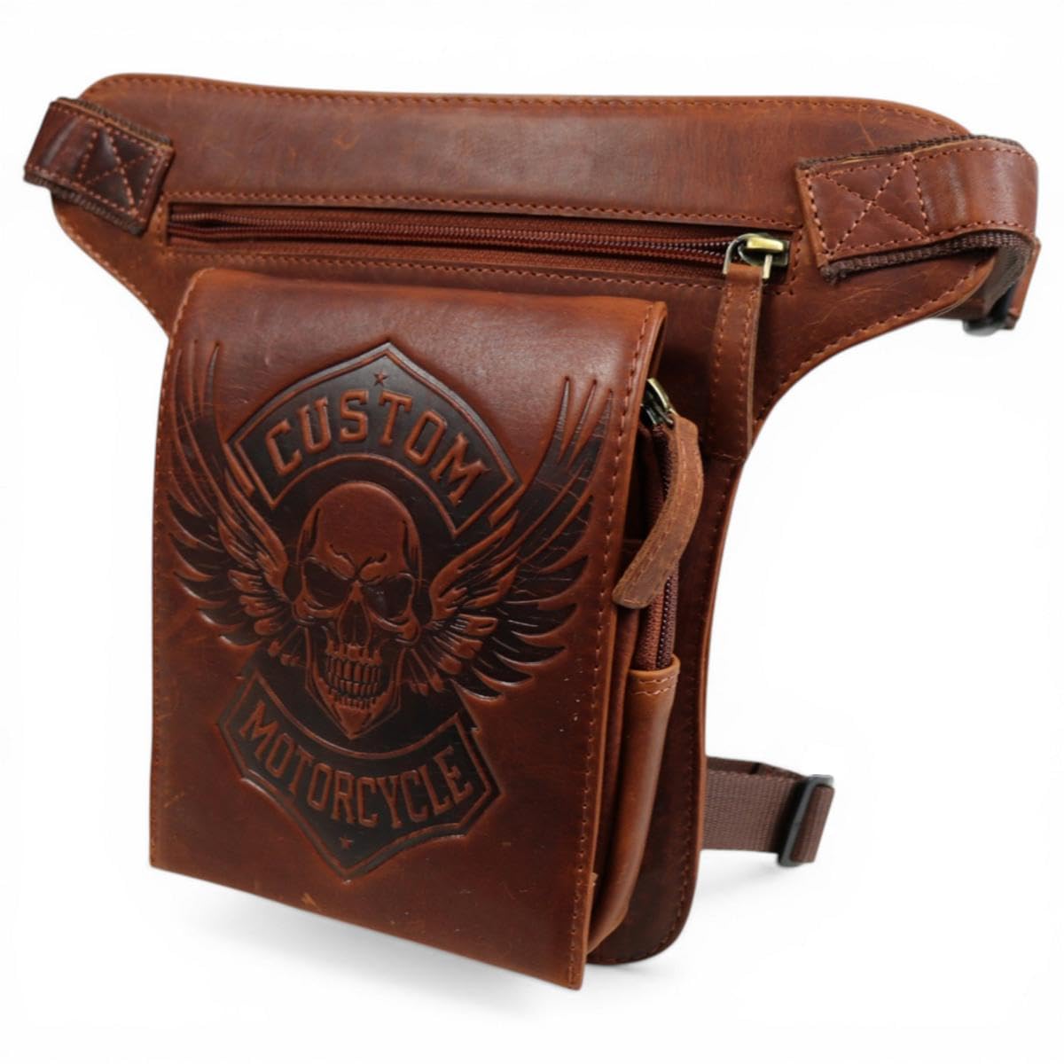 Biker Beintasche Herren Leder, Motorrad Hüfttasche Vintage, Drop Leg Bag mit Oberschenkelgurt, Custom Skull Design (Glatt Braun)