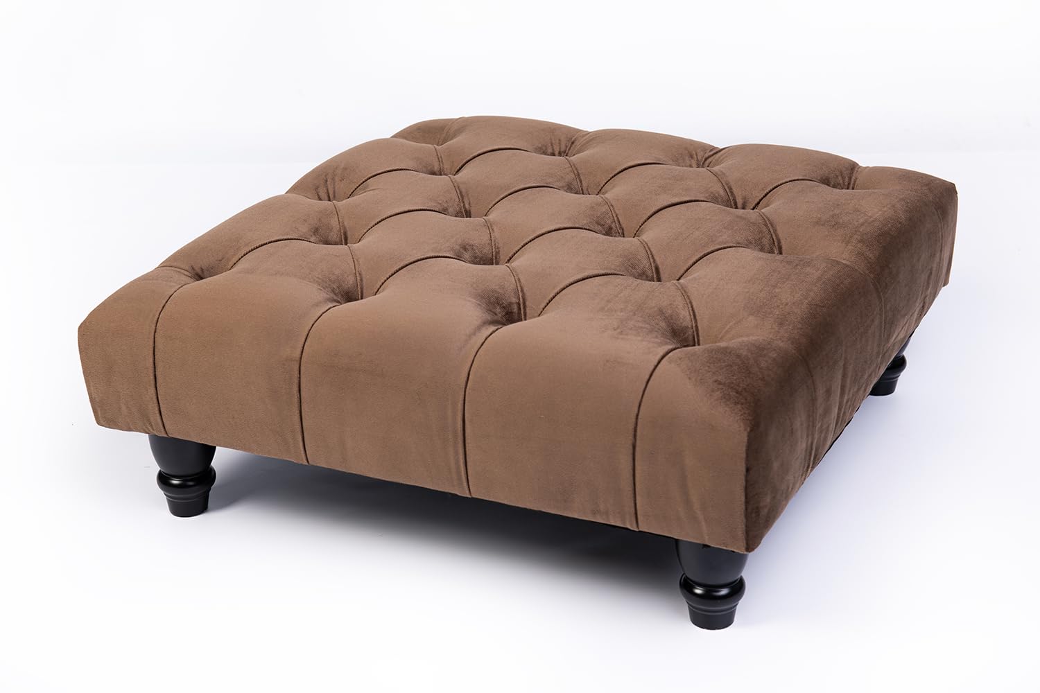 YORKSHIRE HOMEWARE Chesterfield Footstool Coffee Table Footrest Plush Velvet Fabric with Matching Buttons Upholstered Pouffe 60cm(L) x 60cm(W) x 15cm(H) (Stool With Wooden Legs, Brown)