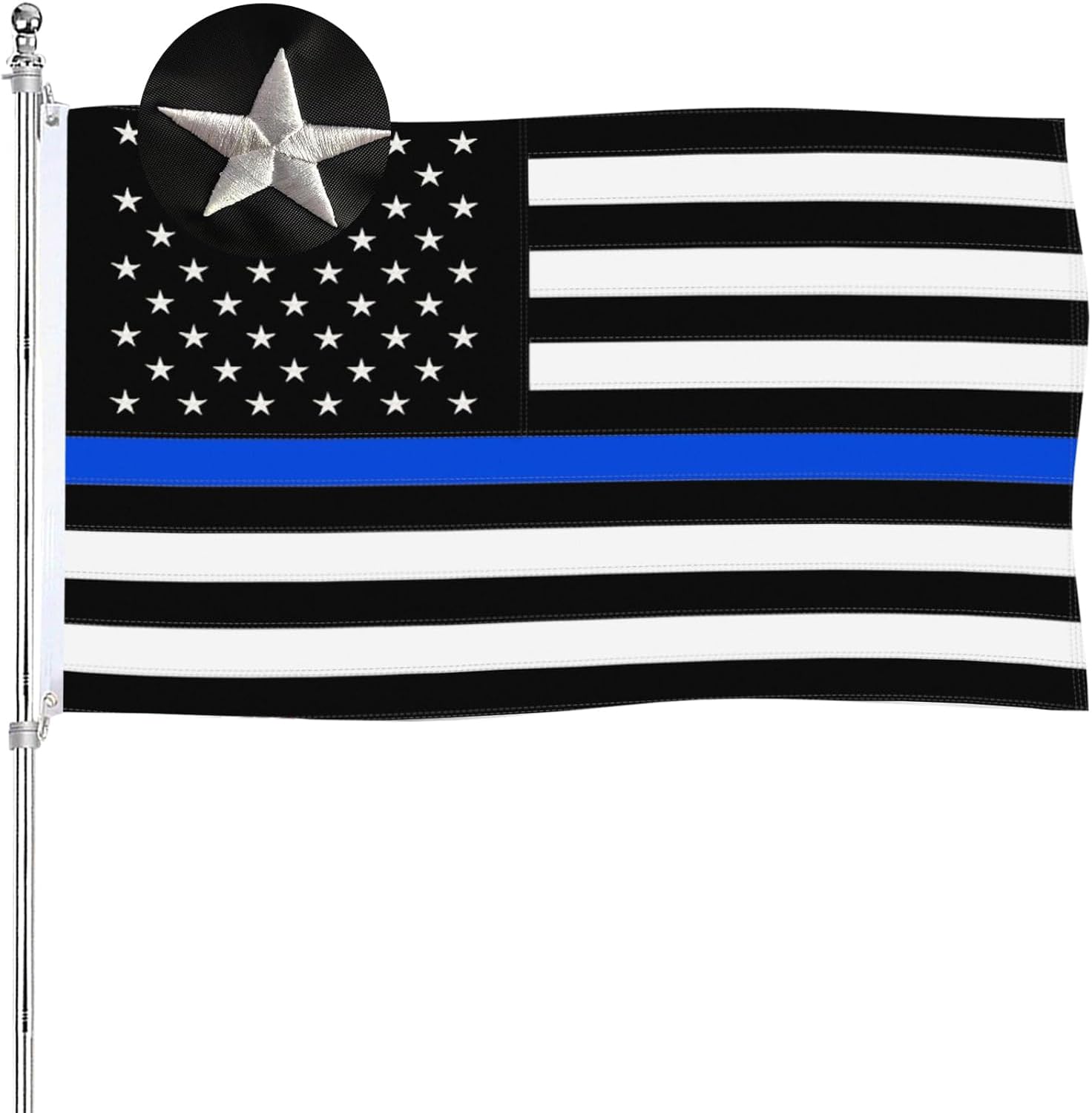 Thin Line Police Flag Embroidered 3x5 Outdoor Heavy Duty 210D Blue Stripe Blue Lives Matter Flags Banners with 2 Metal Grommets, 4 Rows of Stitching