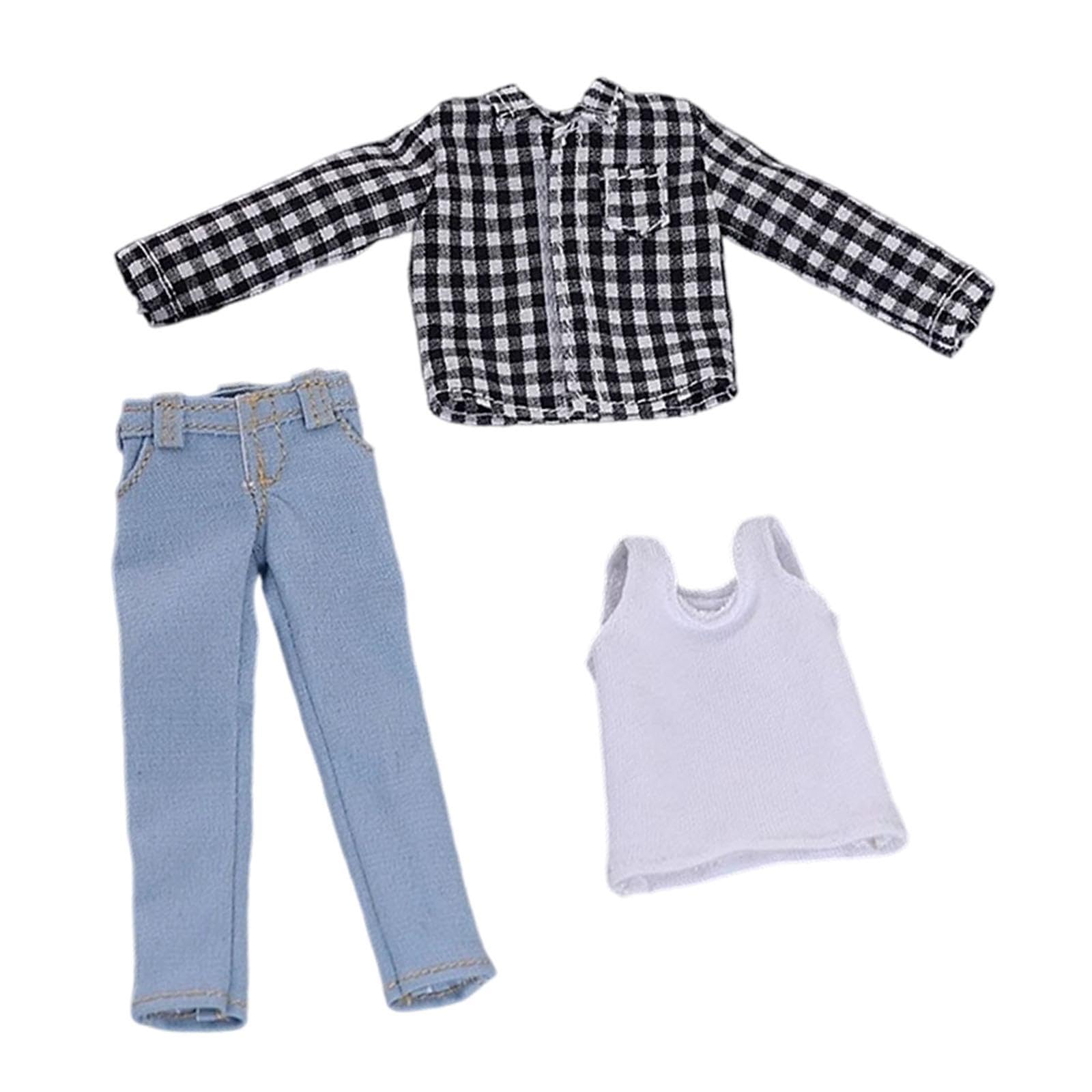3 Stück Puppenhemd Herrenpuppen Kleidung Weste Jeans Hose Set Aus Stoff für 1/12 BJD Puppen für Dekoration Spiel Figureninszenierung, Schwarzes Weißes Netz