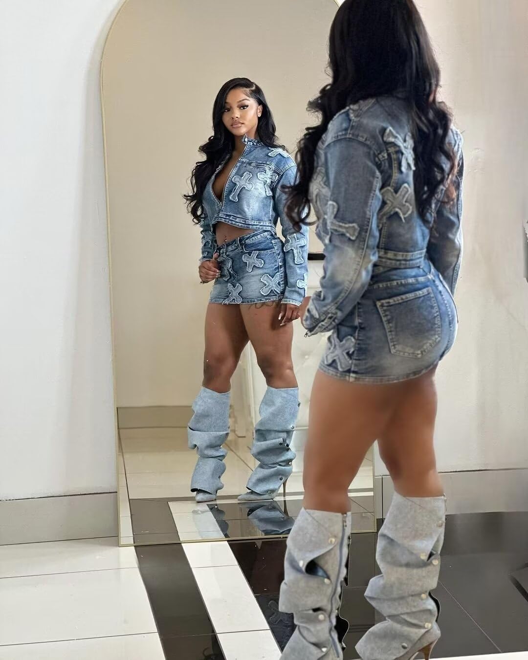 Uni Clau 2 Piece Denim Skirt Set for Women Y2K Long Sleeve Zipper Jean Jacket Top Mini Skirt Bodycon Set Two Piece Outfits - Image 5