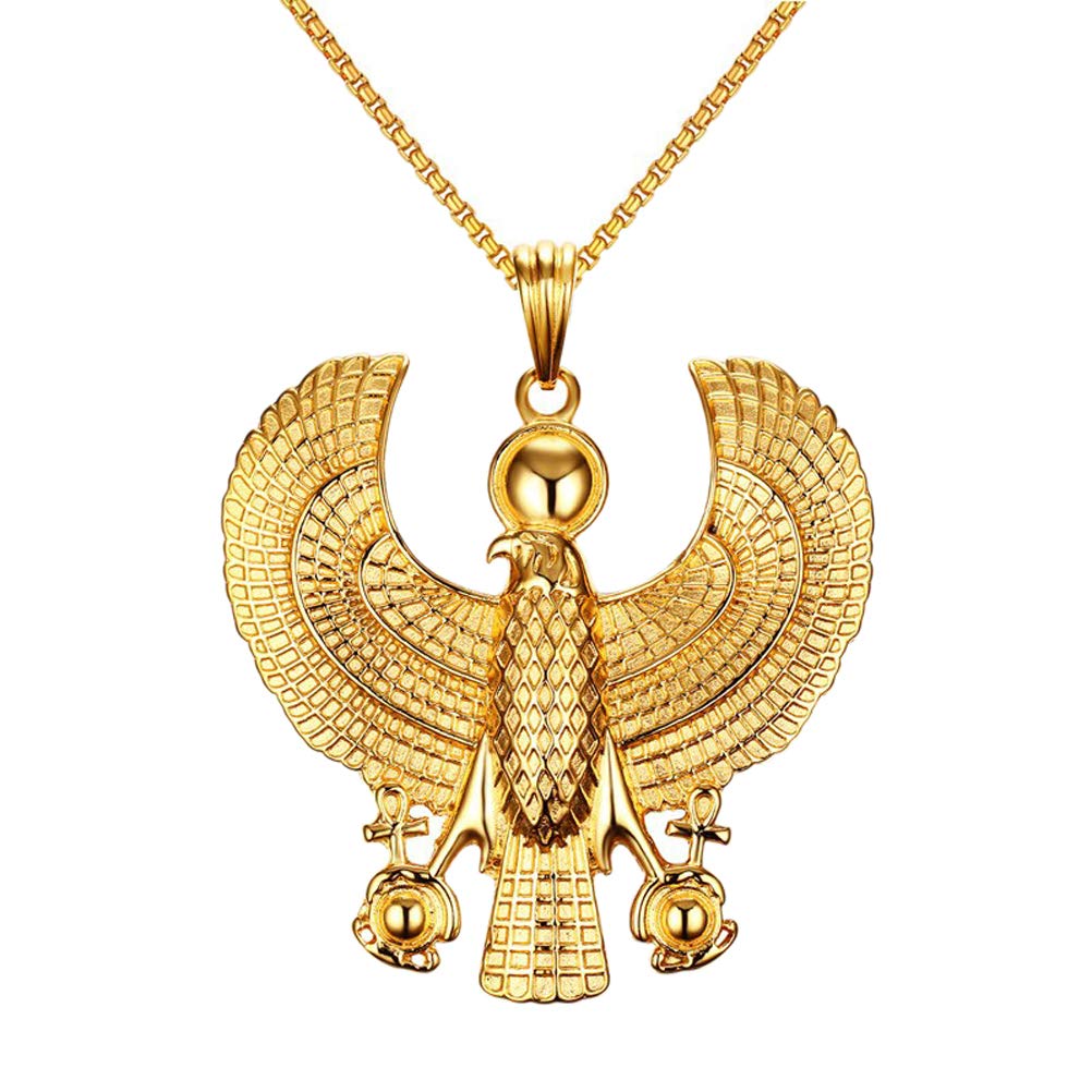 MgutillartPlated 18K Gold Religious Stainless Steel Egyptian Horus Eagle Pendant Necklace