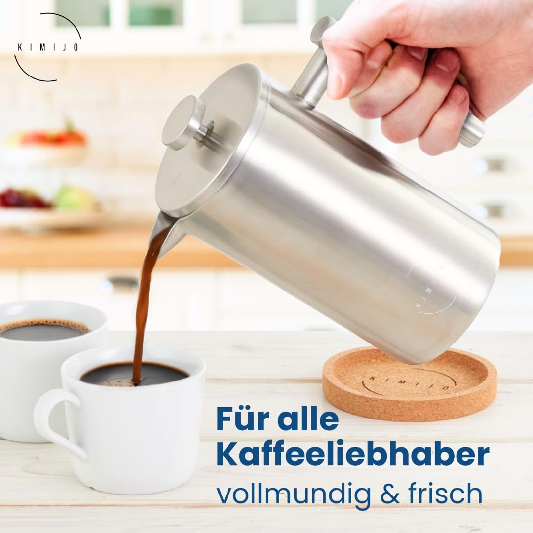 French Press - Cafetera de acero inoxidable cepillado, incluye 3 filtros de repuesto y posavasos de corcho, doble pared con función de mantenimiento del calor, 1 litro, 5 tazas