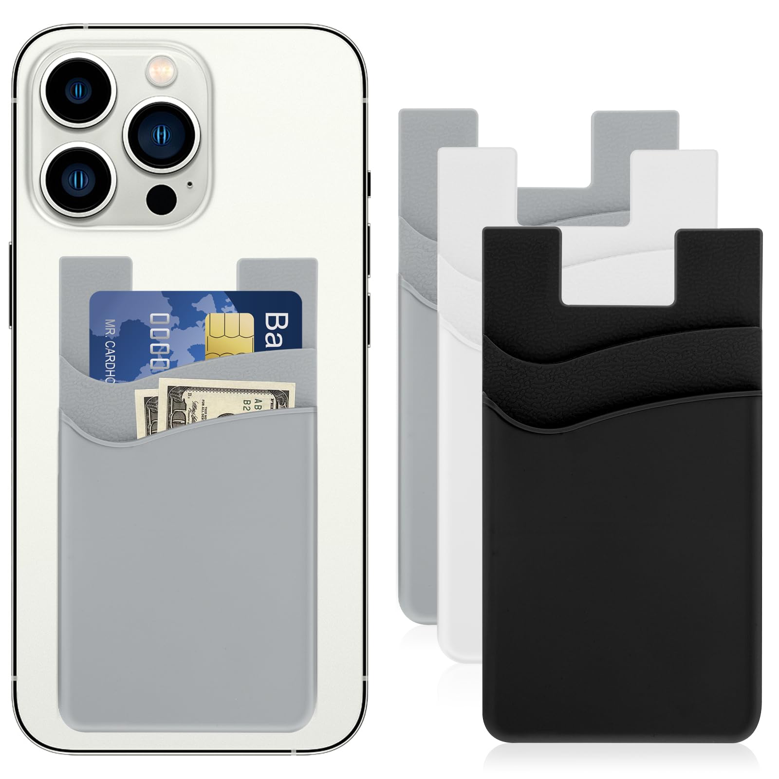 Mabor 3 Pcs Self Adhesive Card Holder for Phone, Stick on Phone Wallet Sleeve, Universal Back of Cellphone for RFID Card ID Credit Pouch