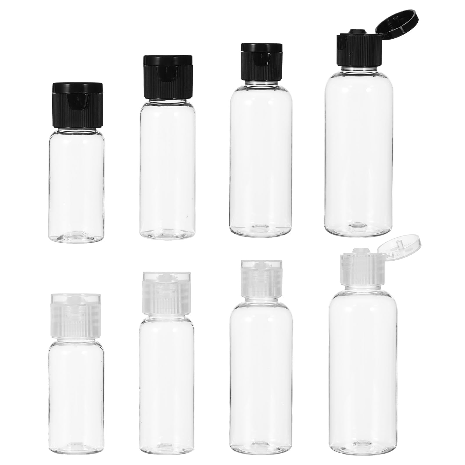 Oruola 8pcs Travel Containers for Toiletries,Travel Bottles for Toiletries,4 Sizes Plastic Travels Bottles with Leak-Proof Flip Cap,Travels Size Bottle for Shampoo,Lotion,and More (Black/Transparent)