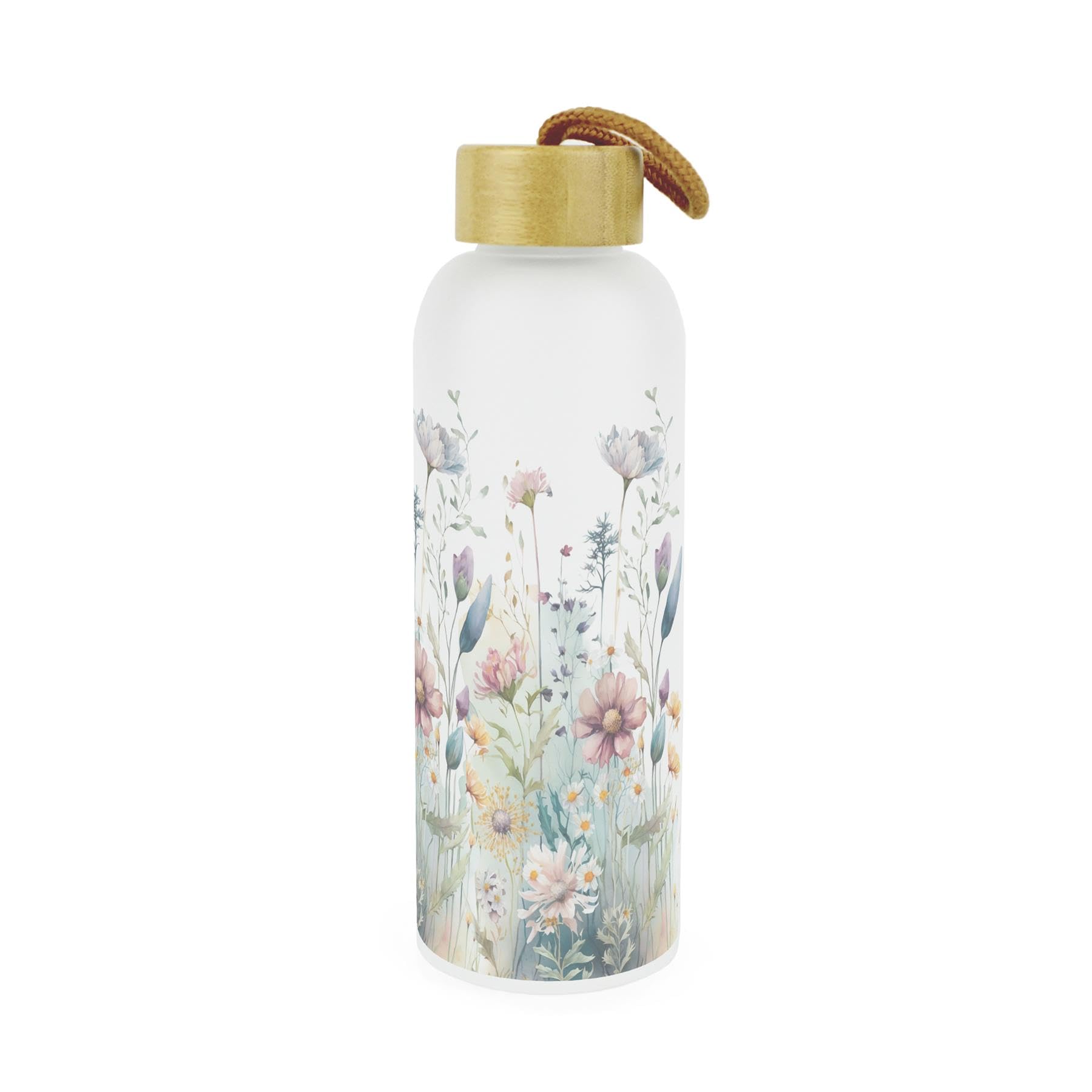 Purely Home Pastel Flowers Glass Water Bottle - Floral Drinkware Gifts for Her - Reusable Frosted Glass Drinks Bottle with Wooden Screw Lid & Hanging Loop 750ml (25oz)