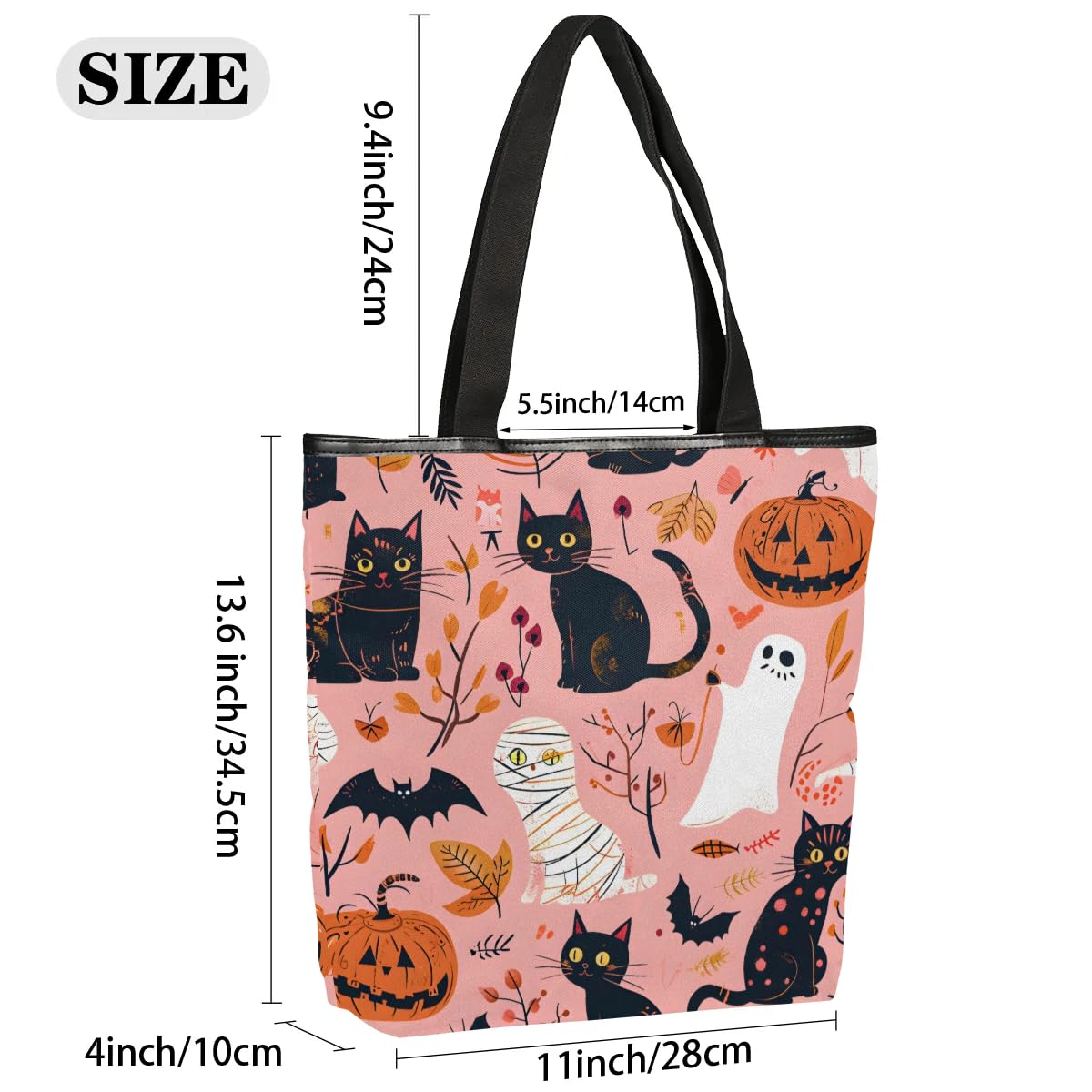 Mularoka Cat Pumpkin Bats Canvas Tote Bag with Zipper and Pockets Canvas Tote Shopping Bag Women Reusable Grocery Bag for Beach Travel Gym Shopping