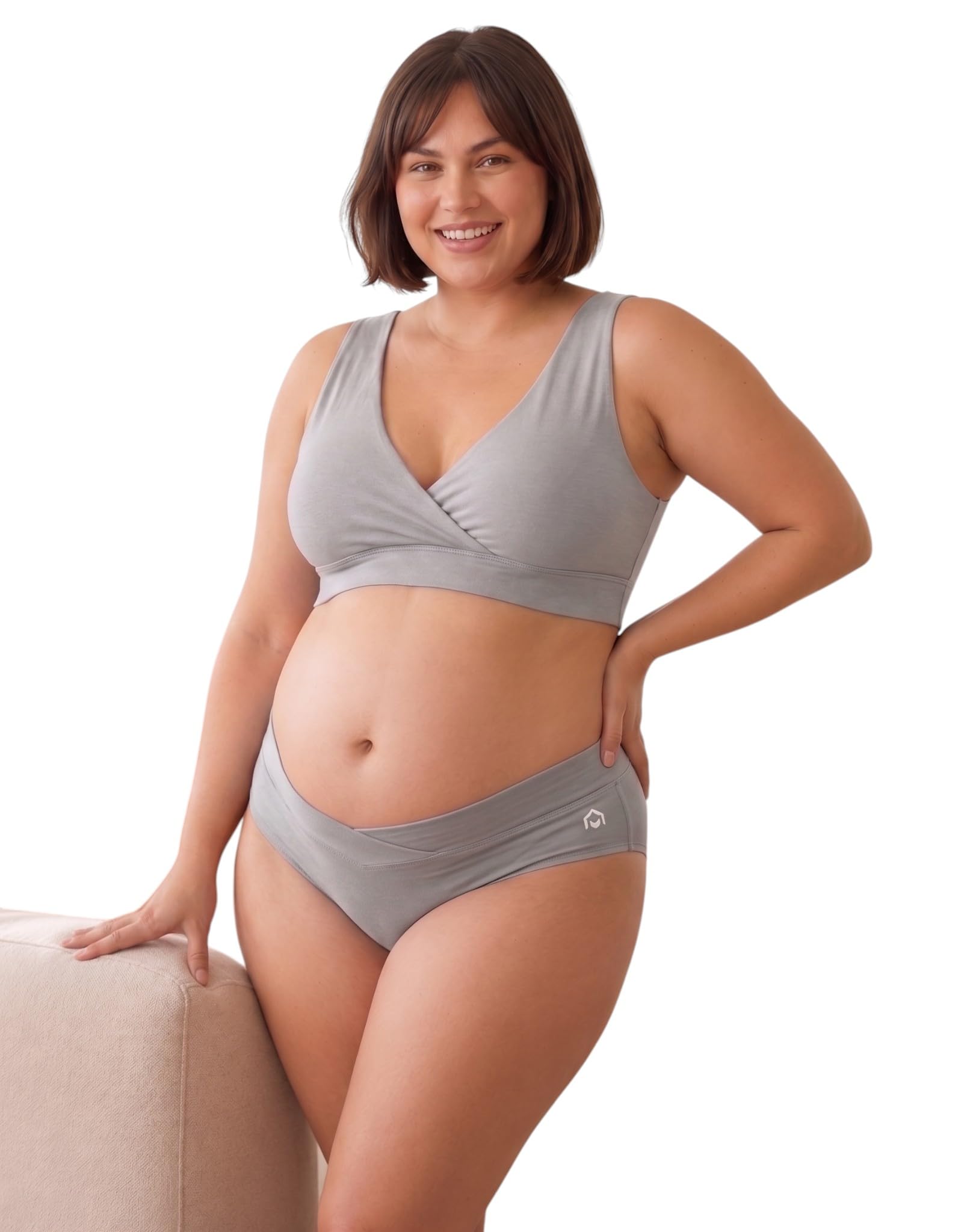Maternity Nursing Bra and Panty Set, Padded Wirefree Breastfeeding Lingerie, Soft Modal Seamless Pull Down Feeding Bra with Low Rise Underbump Pregnancy Underwear Combo for Women (Grey, 34)-image-37