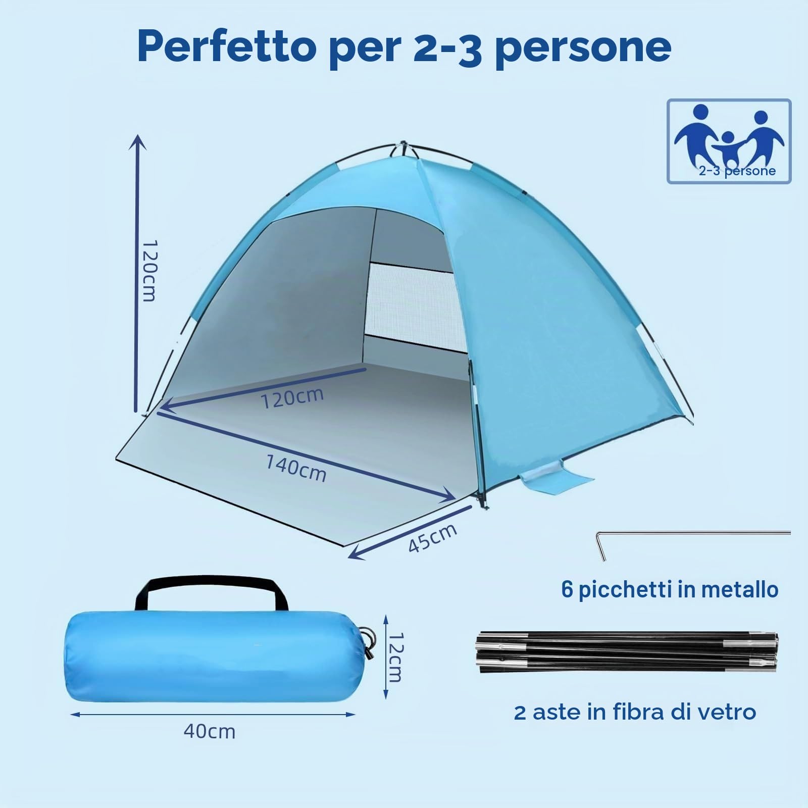 Tenda da Spiaggia Portatile per 2-4 Persone, Protezione Solare UPF 50+, Parasole Leggero e Facile da Montare con Trasporto