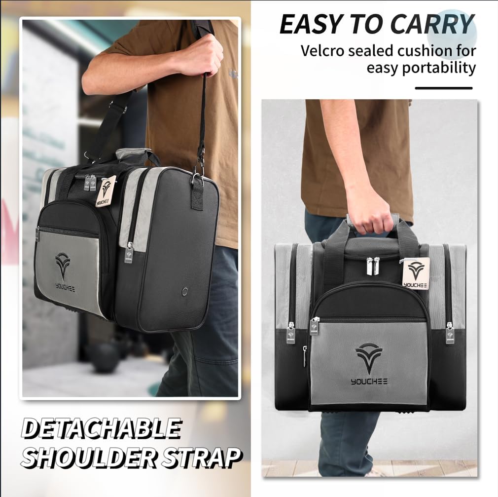Single Ball Bowling Bag with Padded Ball Cup, Fits Men's Bowling Shoes Up to Size 15, Durable 600D Fabric Bowling Tote with Accessory Pockets for League & Practice