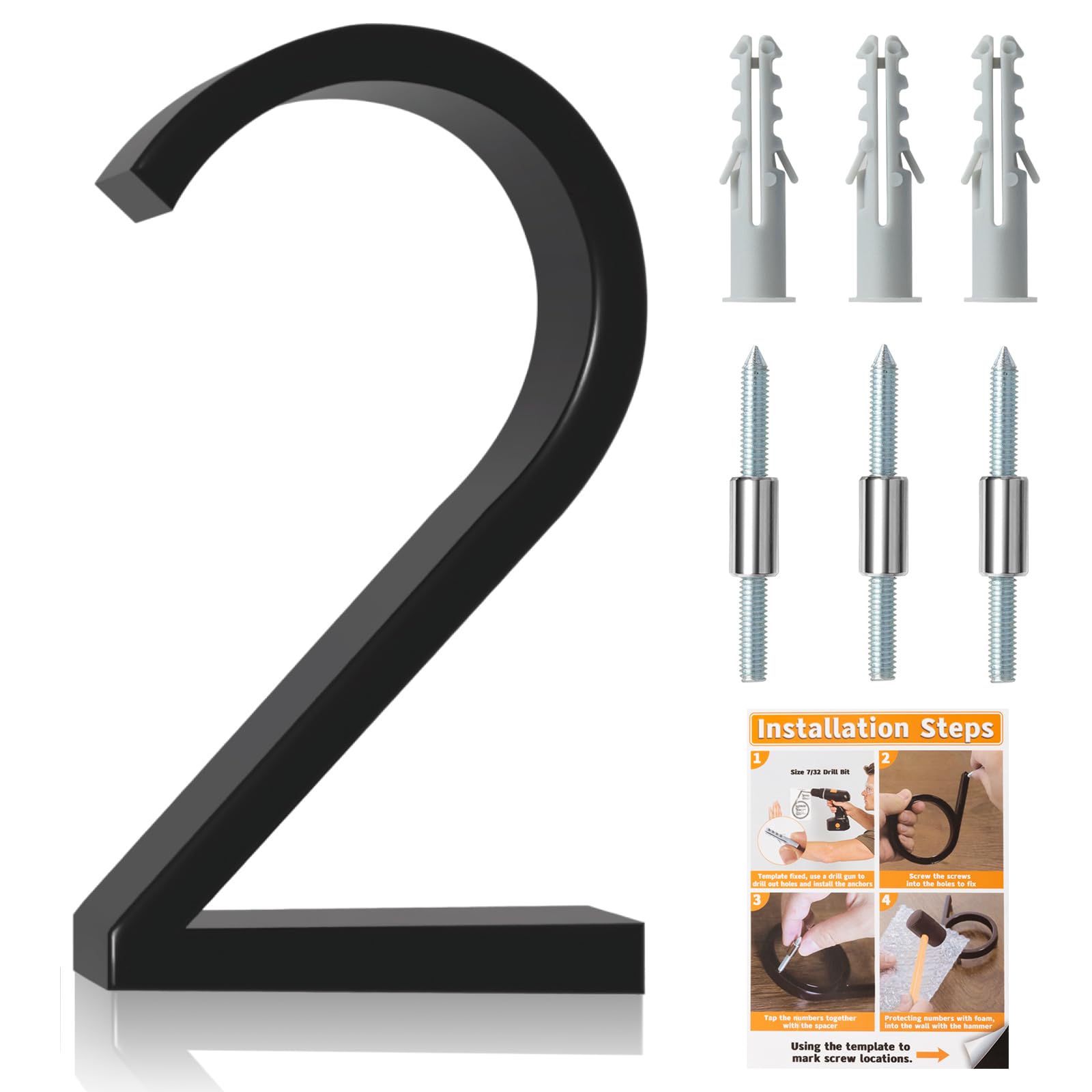 5" Floating House Number, Metal Modern Anti-Rust House Address Numbers with Nail Kits for Mailbox Yard Home Front Door, Zinc Alloy Black, 911 Visibility Signage (2)