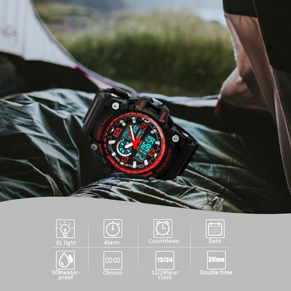 MASTOP Montre numérique pour homme - Étanche jusqu'à 50 m - Double cadran - Multifonctions - Analogique - Militaire - Sports de plein air - Étanche