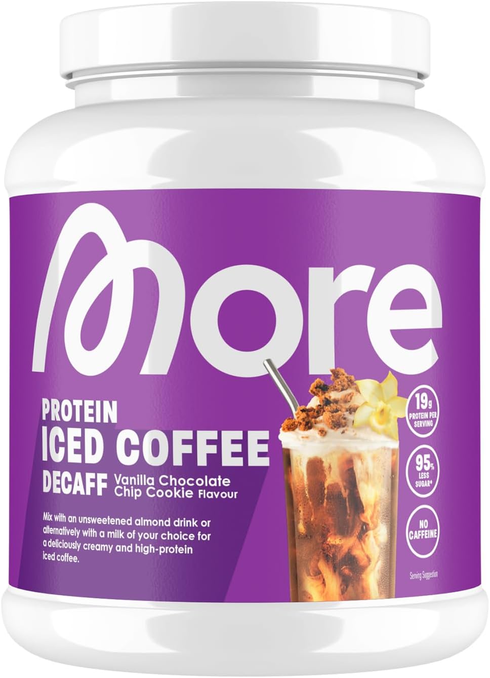 More Protein Iced Coffee, Vanilla Chocolate Chip Cookie Decaf, 500 g, 1.1 lbs, 20 Servings - Protein Powder with Instant Coffee