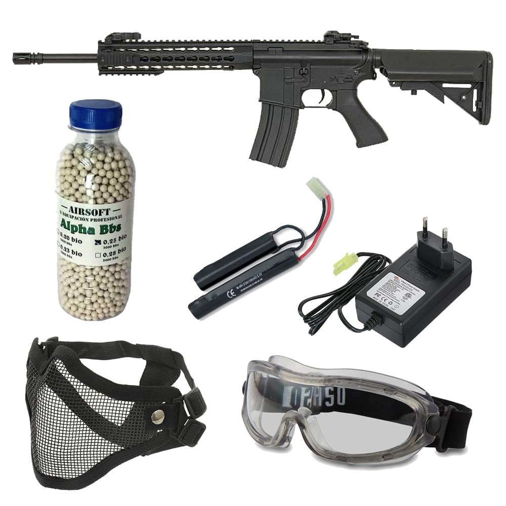 Pack Airsoft Fucile elettrico CM.515 M4 nero con batteria, caricabatterie, caricatore a sfere, occhiali omologati, maschera facciale e bottiglia da 3000 palline. Potenza 1 luglio