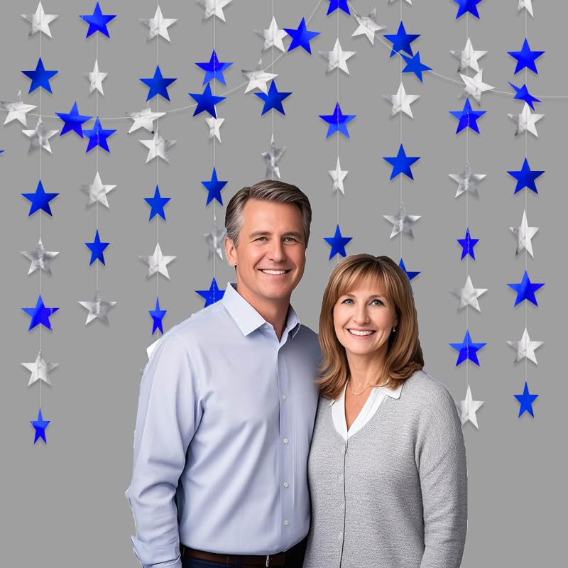 Image of Blue Silver Shining Star Hanging Garland Blue Silver Hanging Sparkling Star Streamer Bunting Banner Twinkle Backdrop for Wedding Baby Shower Birthday Christmas Decorations 40 Feet