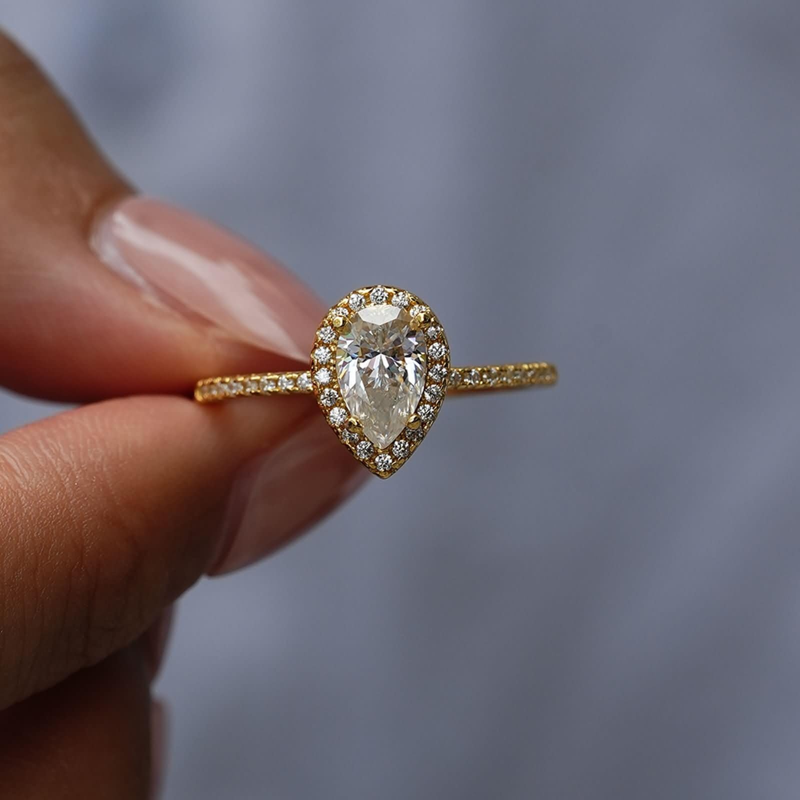 Anillo de oro auténtico para mujer, con forma de gota de 1 ct, moissanite, anillos de compromiso, halo, oro amarillo, anillo de banda para mujer
