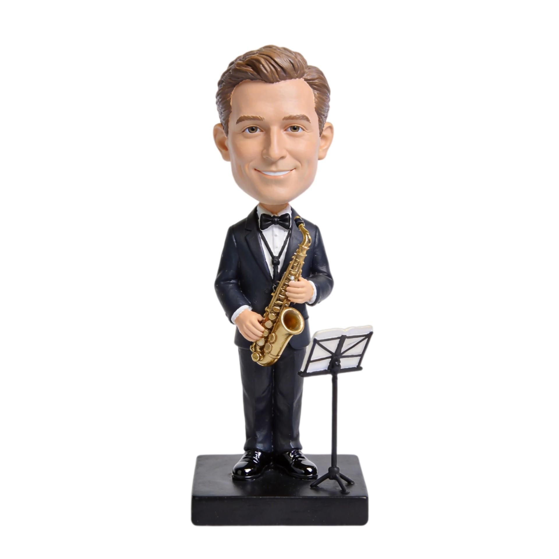 Statuetta Bobblehead 3D personalizzata da Photo Bobbleheads sassofonista maschio con sassofono e leggio musicale personalizzato figurina regalo per musicisti jazz amanti della musica