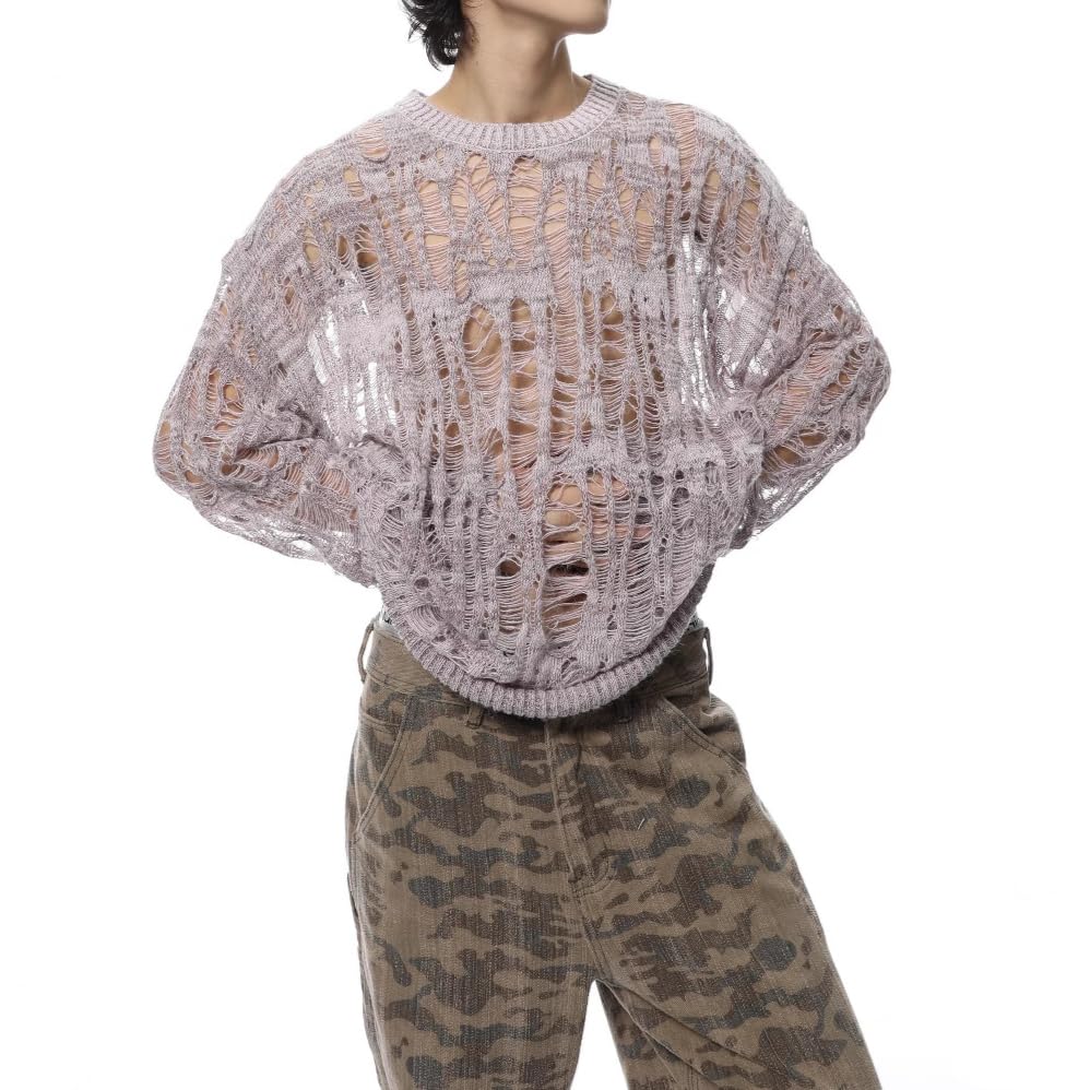 Men's Hollow Out Knitted Sweater Ripped Long Sleeve Drop Shoulder Undershirt Street Club Pullover Tops2