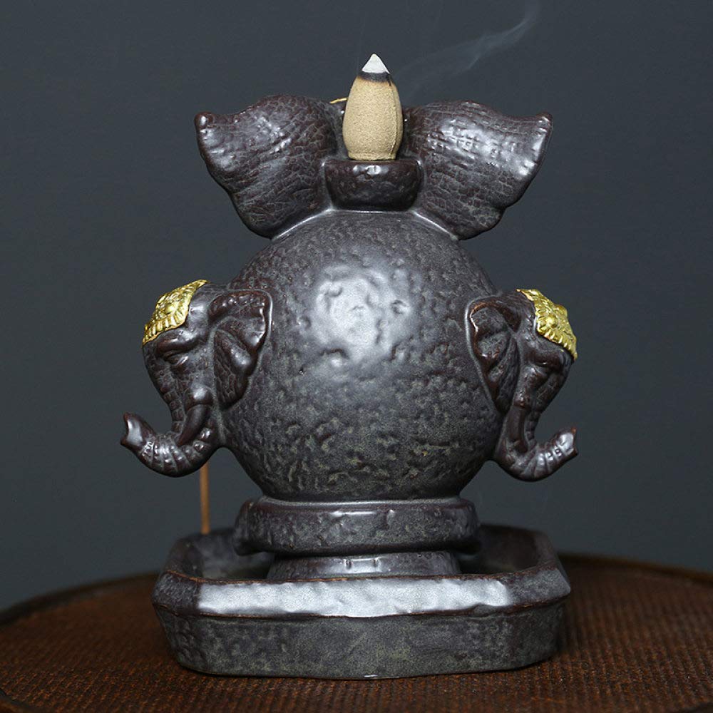 New Lucky Feng Shui Elefant Gott Statue Home Decoration Handwerk Keramik Wasserfall Weihrauchbrenner mit LED Farbwechsel Ball, XL2022 und 20 Weihrauch