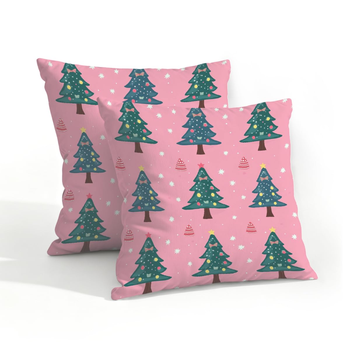 Outdoor Pillow Covers Waterproof Pillowcases 18x18IN Set of 2 Green Christmas Tree on Pink Decorative Throw Cushion Case for Couch Sofa Garden Patio Furniture