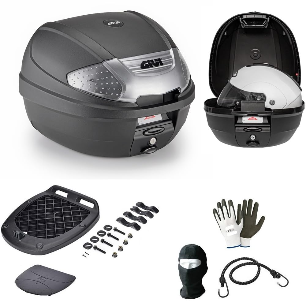 BAULETTO E300NT2B VALIGIA GIV I 30LT NERO PER MOTO SCOOTER COMPATIBILE CON HONDA SH 300 i BAULE COMPRESO DI PIASTRA E KIT UNIVERSALE PER PORTAPACCHI POSTERIORE 41X40X30CM