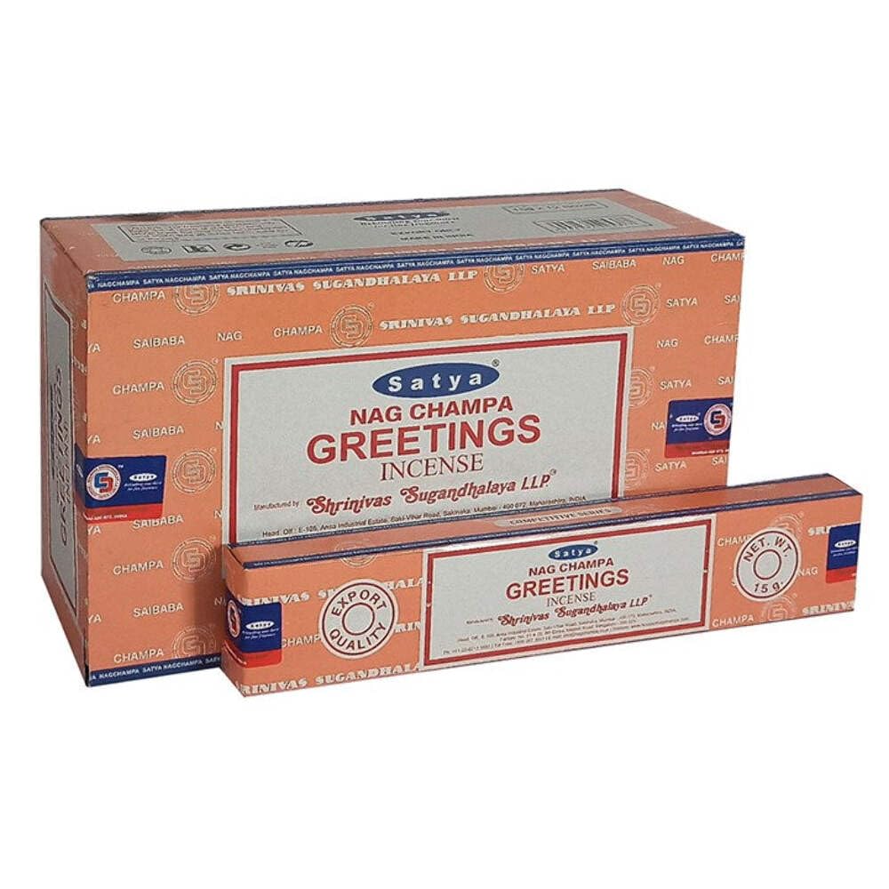 SATYA Nag Champa Greetings Agarbatti | Handrolled Masala Incense Sticks | 12 Packs of 15 Grams Each in a Box | Export Quality Product