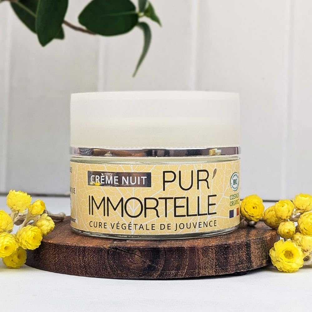 Crème visage Nuit Pur'Immortelle Bio - Soin anti-âge - Immortelle, Acide hyaluronique, Argan, Onagre - 99% d'origine naturelle - Fabriquée en France- 50 ml - PROPOS'NATURE